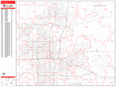 Oklahoma City Wall Map Zip Code Red Line Style 2024